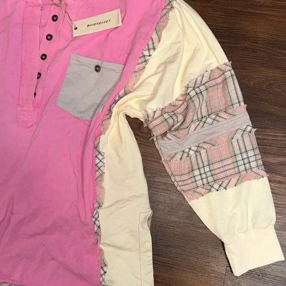 Plaid Patchwork Pink and Cream Women's Hoodie - Picture 4 of 5